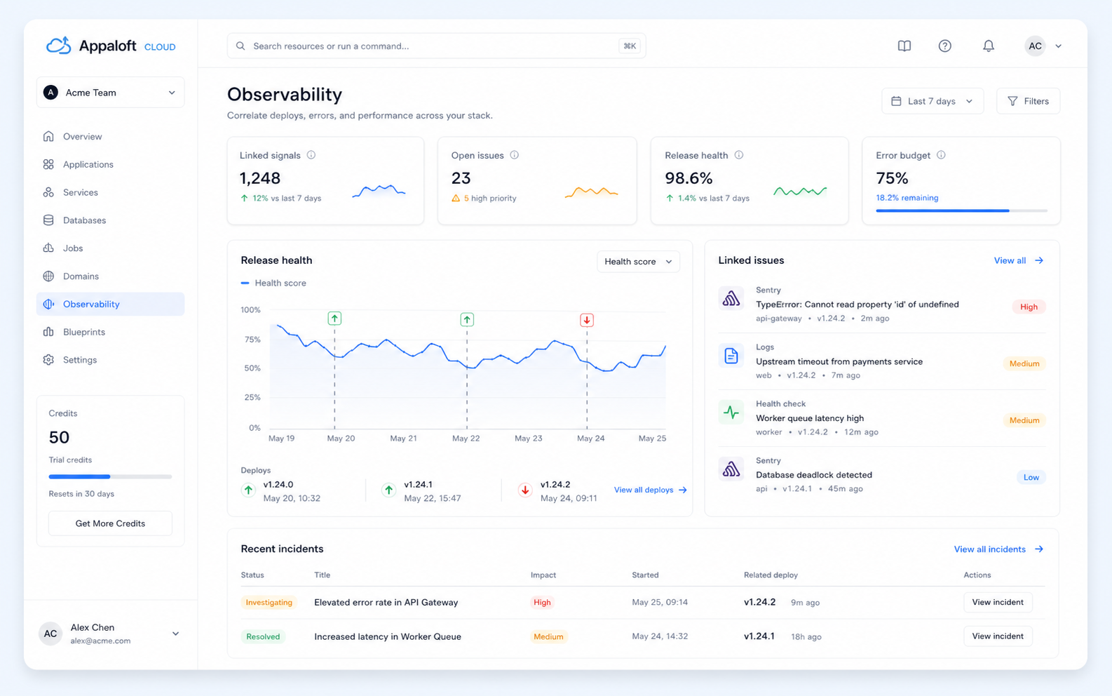 Observability connect console preview showing release health, error signals, and rollback context.