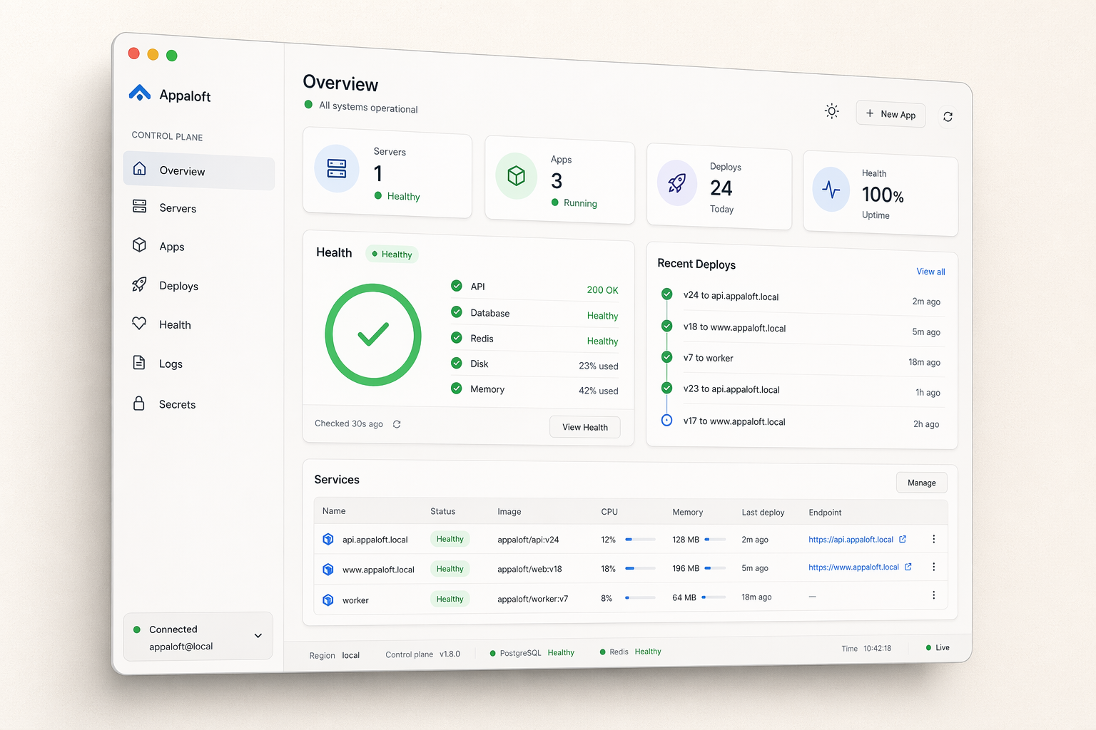 Appaloft desktop console showing overview, health, recent deploys, and service status.
